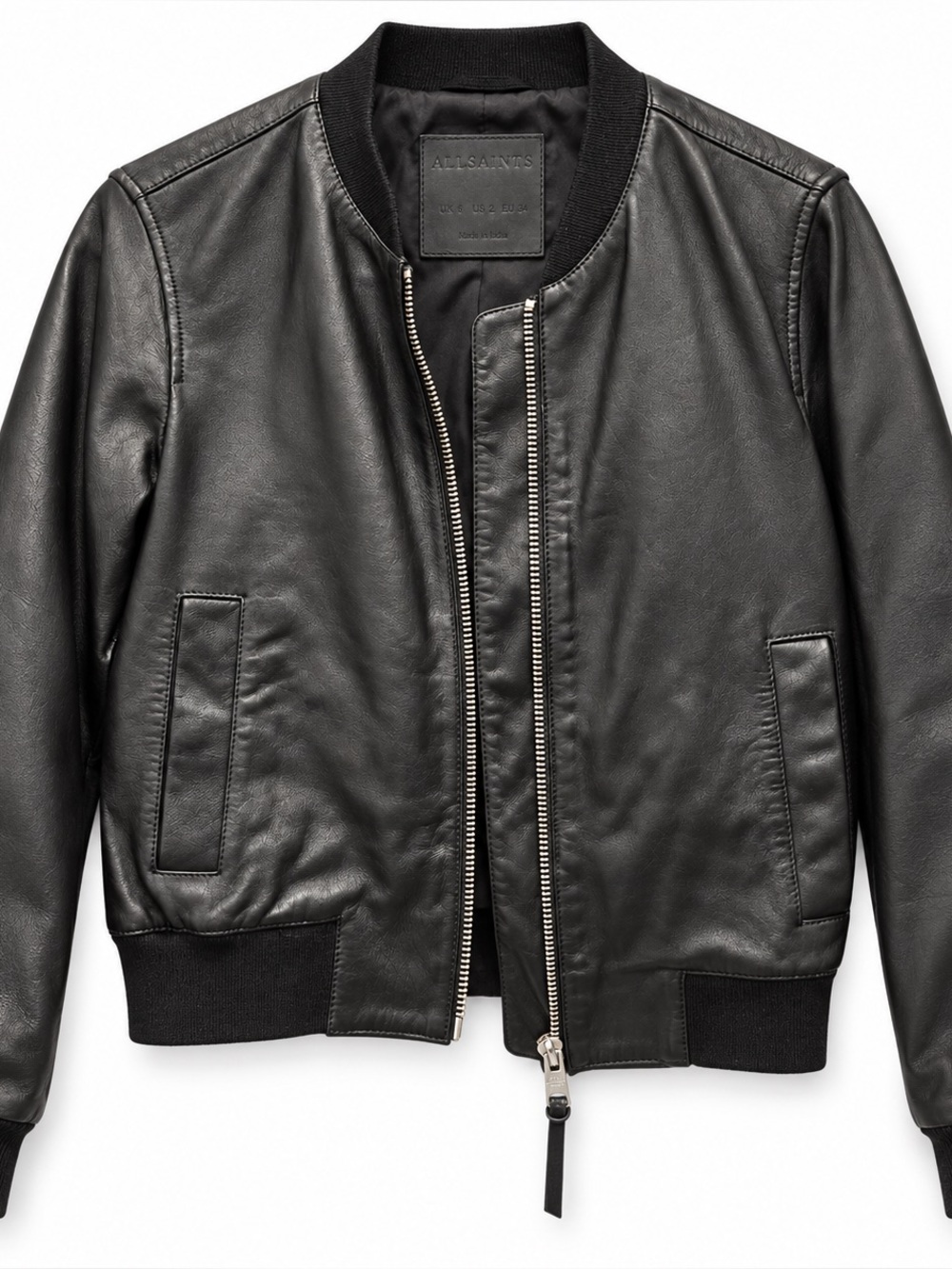 AllSaints Suri Cropped Leather Bomber Jacket Black US 2